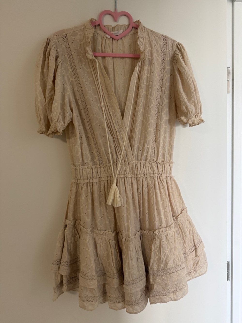 Textured Cream Mini Dress with Ruffle Hem - Picture 4 of 5